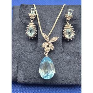 OTC Sterling Silver Blue Topaz Necklace Earring Set 18" Herringbone Chain NEW